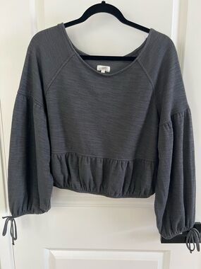 aerie Gray Waffle Knit Balloon Sleeve Sweatshirt